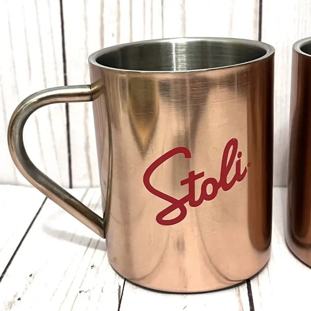 STOLI VODKA Moscow Mule Mugs COPPER OVER STAINLESS STEEL - 4” Tall - Set Of 2